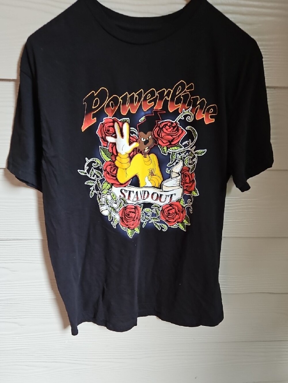Disney Black Short-Sleeve Tee with Yellow Character, Red Roses & Gold Script
